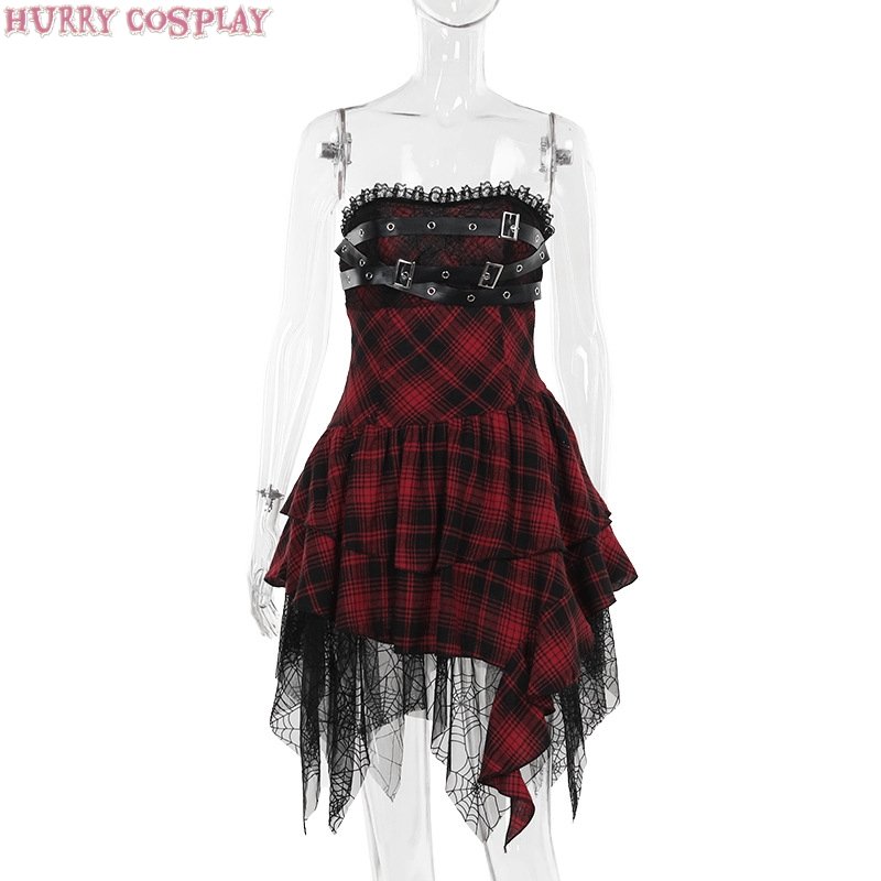 Halloween,Sexy,Halloween red plaid tube top sexy dress